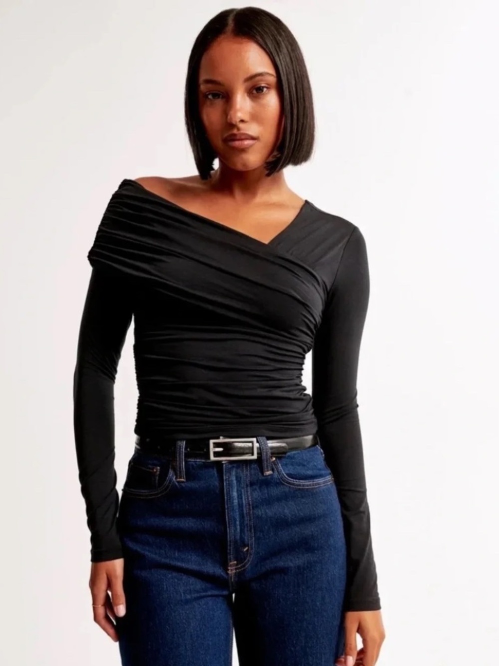 Womens Long-Sleeve Off-The-Shoulder Draped Wrap Top